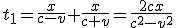 t_1 = \frac{x}{c - v} + \frac{x}{c + v} = \frac{2cx}{c^2 - v^2}